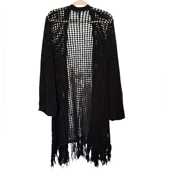 BCBG Maxazria | Black Long Open Front Crochet Festival Cardigan Fringe Hem Large - Picture 3 of 6